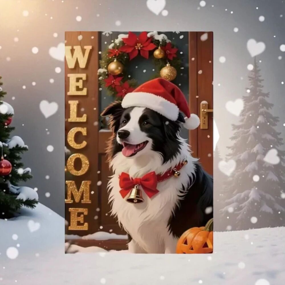 Christmas Garden Flag 12x18 – Black and White Border Collie Dog Santa Hat - Picture 2 of 3